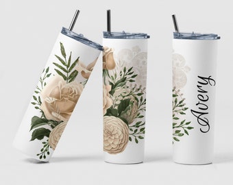 Cream Floral Custom Coffee Travel Tumbler Cup Birthday Gift, Personalized Watercolor Floral Tumbler Gift for Bridesmaid, Mothers Day Tumbler