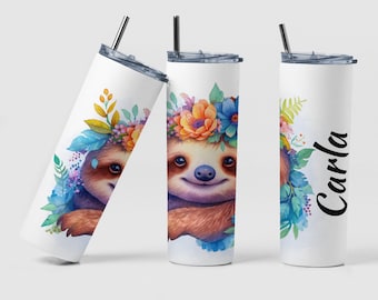 Sloth Tumbler, Custom Sloth 20oz Coffee Tumbler Design Gift for Mom, Personalized Cute Sloth Watercolor Skinny Tumbler Mug Gift for Girl