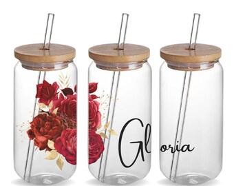 Red Floral Iced Coffee Custom 16oz Glass Tumbler Cup Birthday Mom Gift, Personalized Reusable Glass Beer Tumbler Gift Water Bottle with Name