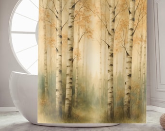 Birch Forest Shower Curtain, Woodland Bathroom Decor, Rustic Nature Inspired Home, Autumn Leaves Watercolor Style Bath Curtain Housewarming