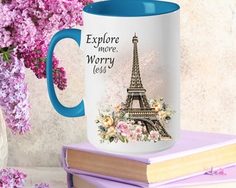 Love Travel Coffee Mug Custom 15oz Ceramic Mug Birthday Gift for Travel Lovers Themed Personalized Floral Paris Lover Tea Cup Mom Gift