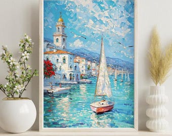 Beach Wall Art Sailboat Wall Art Painting Digital Download Nautical Wall Art Lake House Decor Ocean Painting Boat Decor Housewarming Gift