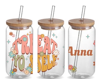 Retro Treat Yo Self 16oz Custom Glass Jar Tumbler Cup Daily Reminder Affirmation Gift, Personalized Glass Beer Can Cup Birthday Gift for Mom