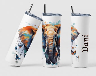 Elephant Tumbler Custom Coffee Travel Tumbler Cup Birthday Mom Gift, Personalized Name Colorful Butterfly Elephant Tea Tumbler Mug Gift