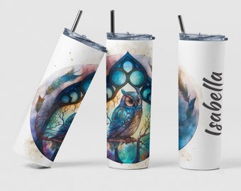 Owl Tumblers, Stained Glass Tumbler, Custom Stained Glass Owl Tumbler Gift for Birthday, Personalized Tumbler with name, Birthday Gift Cup