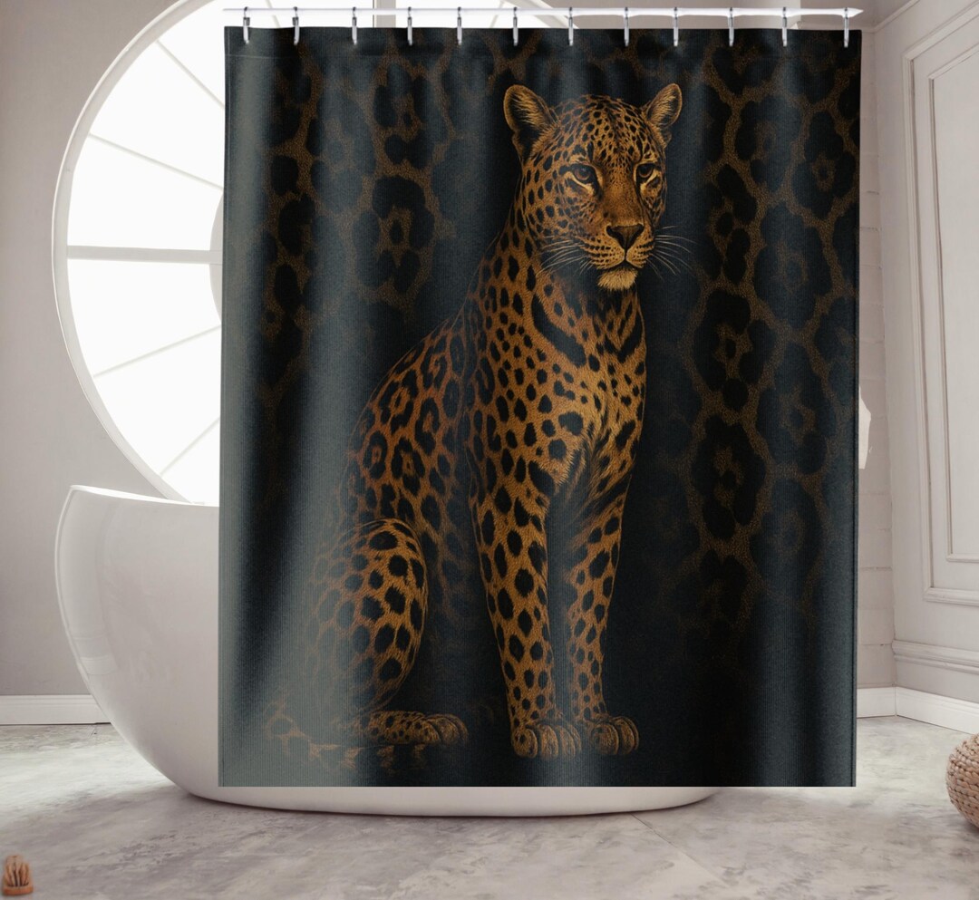 Luxury Leopard Shower Curtain | Black Gold Animal Print Bathroom Decor ...