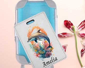 Luggage Tag Bag Handle Custom Watercolor Dolphin with Mini Suitcase Gift Box Set Birthday Gift, Personalized Cute Colorful Luggage Tag Gift