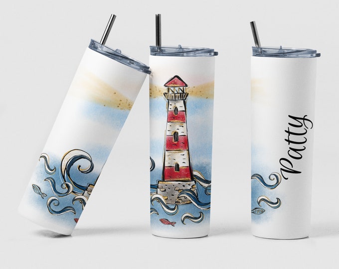 Featured listing image: Lighthouse Tumbler, Custom Red or Blue Lighthouse Image Coffee Tumbler Mug Gift for Birthday, Personalized Watercolor Lighthouse Tumbler Cup