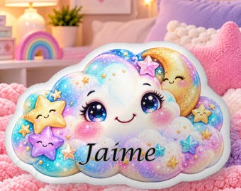 Cloud Shaped Pillow, Personalized Kids Pillow, Dream Pillow, Colorful Moon and Stars Cushion, Custom Name Gift for Kids
