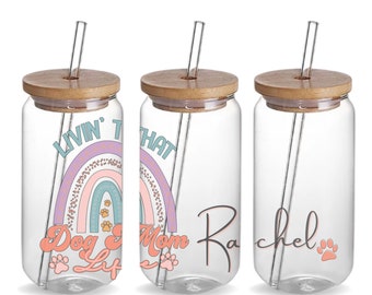Dog Mom Custom 16oz Iced Coffee Glass Tumbler Cup Birthday Gift for Fur Mama, Personalized Dog Mama Drinking Glass Cup Pet Owner Gift