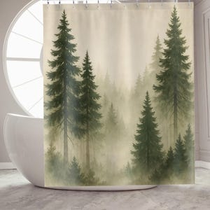 Nebliger Wald Duschvorhang, Neutrales Natur-Badezimmerdekor, rustikaler Waldwald-Kiefervorhang, Berghütte, Einweihungsgeschenk