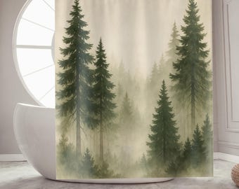 Misty Forest Shower Curtain, Neutral Nature Bathroom Decor, Rustic Woodland Pine Tree Curtain, Mountain Cabin Bath Decor, Housewarming GIft