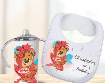 Birthday Bear Custom Absorbent Bib 1st Birthday for Baby with 12oz Sippy Cup Gift Set, Personalized Cute Teddy Bear Drool Bib Toddler Gift