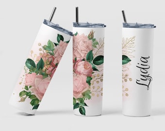 Peach Floral Tumbler, Custom Watercolor Floral Tumbler Gift for Birthday, Personalized Floral Tumbler for Mom, Bridesmaid Gift Name Tumbler