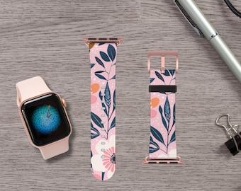 Pink Floral Apple Watch Band Gift for Her Cute Apple Watch for Women 38-41mm 42-45mm Faux Leather Band Boho Flower Aesthetic Gift