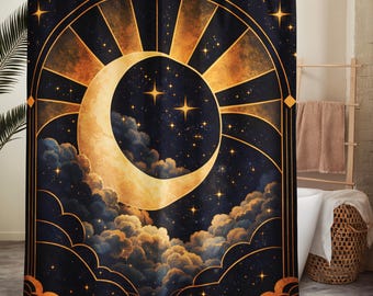Celestial Moon Shower Curtain | Art Deco Bathroom Decor | Dark Moody Night Sky | Modern Luxe Bathroom | Astrology Moon Bath Curtain