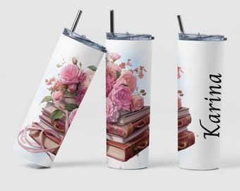 Books and Pink Roses Custom Coffee Travel Tumbler Cup Book Lover Gift, Personalized Pink Book Design Tumbler Cup Girl Who Love Books Gift