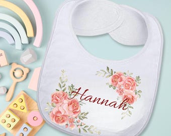 Personalized Baby Bib with Name, Floral Girl Bib with Matching Sippy Cup Option, Custom Baby Shower Gift, Newborn or Toddler Set