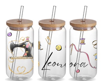 Iced Coffee Glass Name Tumbler Cup Sewing Themed Birthday Seamstress Gift Personalized Cute Sewing Coffee Glass Beer Can Tumbler Cup Gift
