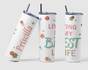 Living My Best Life Custom Coffee Travel Tumbler Cup Daily Reminder Birthday Gift, Personalized Funny Retro Best Life Tumbler Cup Mom Gift