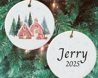 Personalized Christmas Ornament, Vintage Red Truck Farmhouse Decor, Handmade Ceramic Holiday Keepsake, Custom Name Ornament 2025