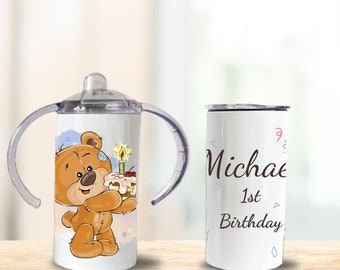 First Birthday Bear Custom 12oz Sippy Cup for Baby and Toddler with Absorbent Baby Bib Gift Set, Personalized Sippy Cup and Bib with Name