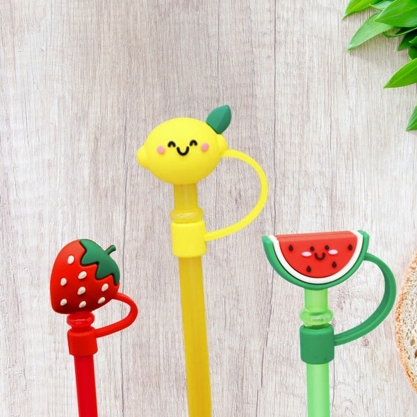 Straw Cover Toppers Silicone Tip Reusable Straws Food, Strawberry Watermelon Lemon Banana Caps Fits Most Straws Not All Fit Stanley Straws