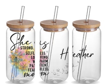 Strong Mom Affirmation Custom 16oz Glass Iced Coffee Tumbler Cup Birthday Gift, Personalized Best Mom Life Tumbler Mug Mother's Day Gift