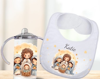 First Christmas Personalized Bib for Baby Shower Gift Custom Nativity Bib for Baby's First Christmas New Baby Gift Cloth Sippy Cup Gift Set