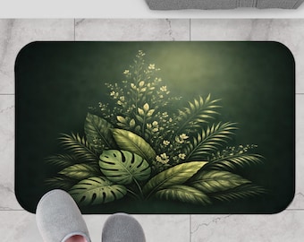 Moody Botanical Bath Mat, Dark Green Bathroom Rug, Jungle Leaf Bathroom Decor, Spa Bathroom Rug, Luxury Nature Bathroom Mat
