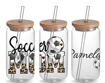 Soccer Mom Custom 116oz Glass Beer Can Iced Coffee Tumbler Birthday Proud Mom Gift, Personalized Soccer Mom Cheetah Tea Cup with Name