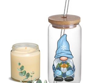 Blue Christmas Wreath Gnome Custom 16oz Iced Coffee Glass Tumbler Cup Christmas Gift, Personalized Winter Gnome Design Glass Jar Tumbler