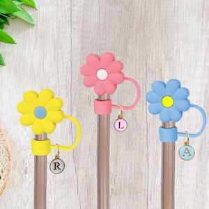 Silicone Flower Charm Straw Topper Cover Cap Stanley Straws for 10mm Reusable Straw, Silicone Flower Pink White Yellow Decoration Accessory