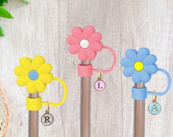 Silicone Flower Charm Straw Topper Cover Cap Stanley Straws for 10mm Reusable Straw, Silicone Flower Pink White Yellow Decoration Accessory
