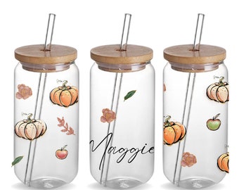 Fall Pumpkin Custom Iced Coffee Clear Glass Can Tumbler Drinking Gift for Fall, Personalized Fall Pumpkin Glass Tumbler Mug Cup Gift