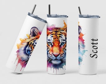 Bengal Tiger Tumbler Custom Coffee Travel Cup Birthday Gift for Her, Personalized Handmade Colorful Artwork Tiger Tea Tumbler Mug Gift