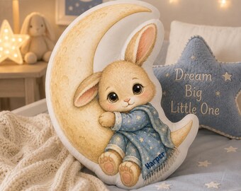 Personalized Bunny Moon Shaped Pillow, Custom Nursery Baby Bunny Throw Pillow, Baby Shower Gift, Nursery Decor