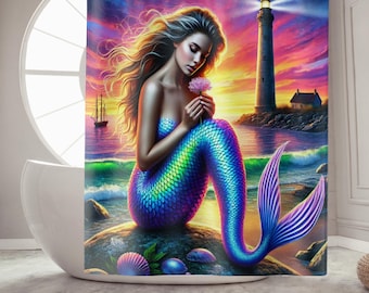 Mermaid Shower Curtain Homecoming Gift for Girls Bathroom Mermaid Lover, Lighthouse Shower Curtain Bathroom Decor, Mermaid Theme Decor