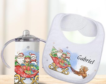 Personalized Christmas Baby Bib & Sippy Cup Set, Custom Santa Sleigh Baby Gift, Holiday Baby Shower Gift, First Christmas Bib Cup Combo