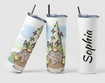 Butterfly Flower Gnome Tumbler, Personalized Gift, Gnome Cup, Valentine Tumbler, Easter Tumbler, Gnome Travel Mug, Gnome Gift, Personalized