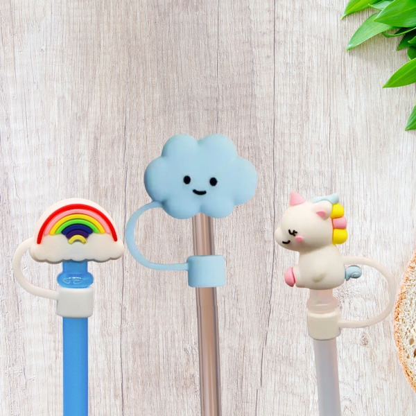 Silicone Straw Tip Cover Topper Reusable Straws Accessory, Sky Rainbow Unicorn Star Straw Cover Fits Most Straws Not All Fit Stanley Straws