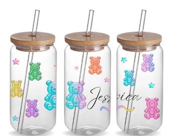 Gummy Bear Custom 16oz Glass Jar Iced Coffee Tumbler Cup Birthday Gift, Personalized 16oz Glass Drinking Beer Can Tumbler Cup Gift