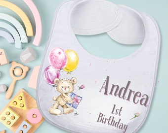 Teddy Bear Custom Absorbent Bib 1st Birthday Gift for Girls, Personalized Cute Unique Baby Girl Bear Birthday Bib Handmade 1st Birthday Gift