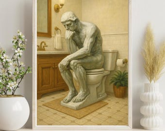 Funny Bathroom Wall Art Printable, The Thinker Toilet Humor, Vintage Statue Bathroom Decor, Classical Art with Modern Twist