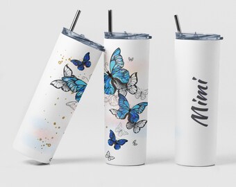 Blue Butterfly Custom Coffee 20oz Travel Tumbler Cup Gift for Mom, Personalized Butterfly Skinny Tumbler Cup with Straw Sister Gift