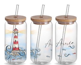 Lighthouse Custom 16oz Glass Iced Coffee Jar Tumbler Cup Birthday Gift, Personalized Lighthouse Cruise Vacation Glass Beer Can Tumbler Gift