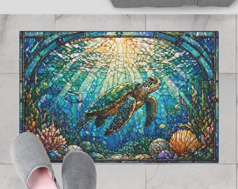 Sea Turtle Bath Mat, Coastal Bathroom Rug, Ocean Animal Decor, Non Slip Floor Mat, Beach House Bathroom, Blue Teal Rug