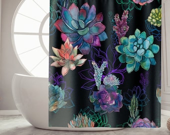 Succulent Shower Curtain Bathroom Decor Housewarming Gift Black Cactus Bath Curtain Plant Shower Curtain Flower Bath Decor Botanical Decor