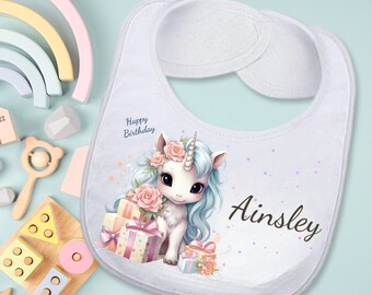 Unicorn Baby Bib Custom Absorbent Cloth Birthday Baby Girl Gift, Personalized Unicorn Birthday Bib with Name Handmade Baby Shower Gift