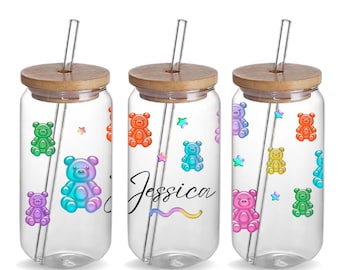 Personalized Gummy Bear Glass Cup with Bamboo Lid and Straw, Custom Iced Coffee Cup, Cute Colorful Name Can Cup, Kawaii Gift for Her